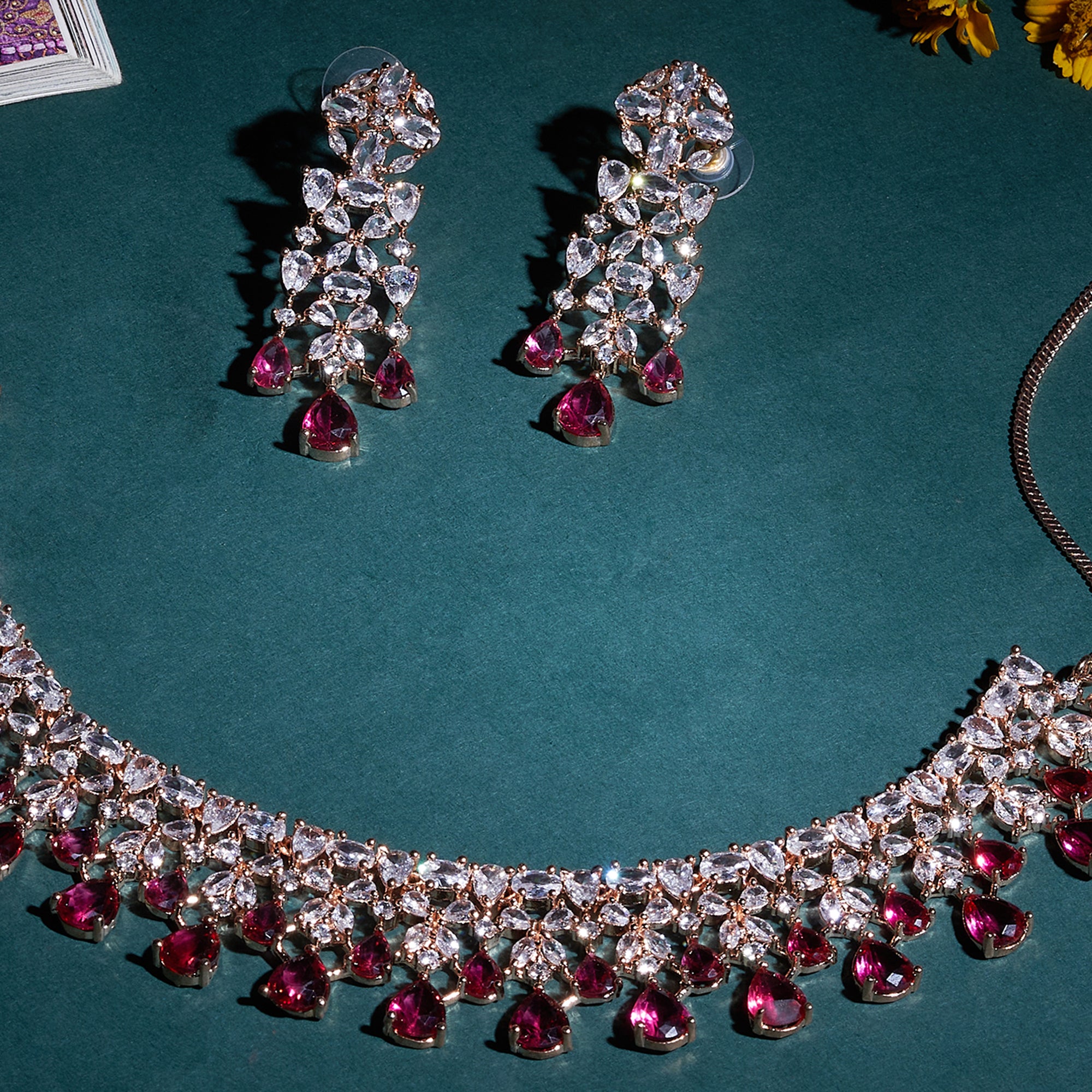 Rose Gold Zircon CZ Stone - Ruby Elegance necklace set-Mivanaa